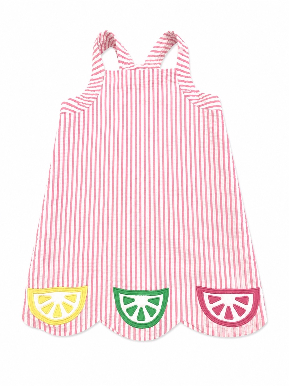 Florence Eiseman Pink and White Striped Dress with Fruit Appliqués